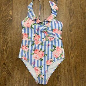 Betsey Johnson Blue Stripe Floral One Piece bathing Suit with Ruffle Trim